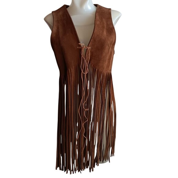 Medium Vintage 1970's Festival Leather Suede Fringe Sleeveless Long Vest Hippy